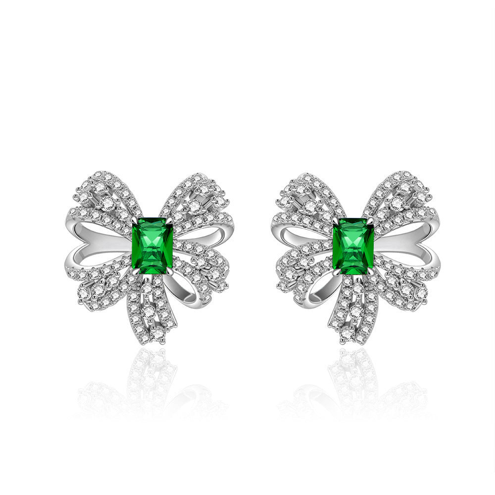 Sterling Silver High-grade Emerald Bow Stud Earrings Women
