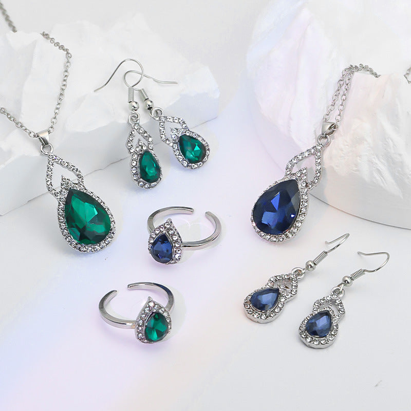 Light Luxury Zircon Necklace Earrings Open Ring Jewelry Suit