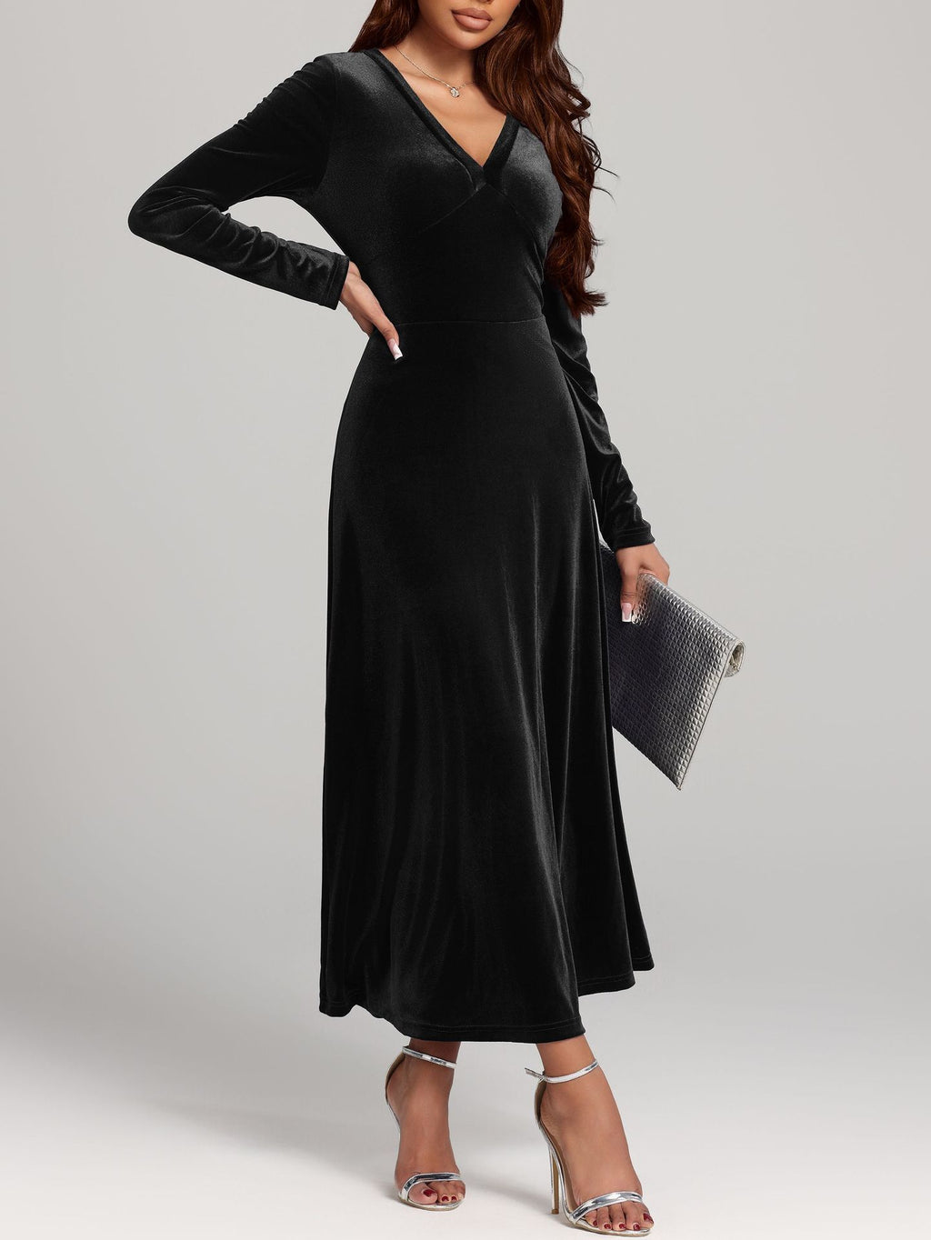 Elegant V-neck Long Sleeved Gold Velvet Evening Dress Women's Clothing - Fashionable And Comfortable Autumn And Winter Party Dress