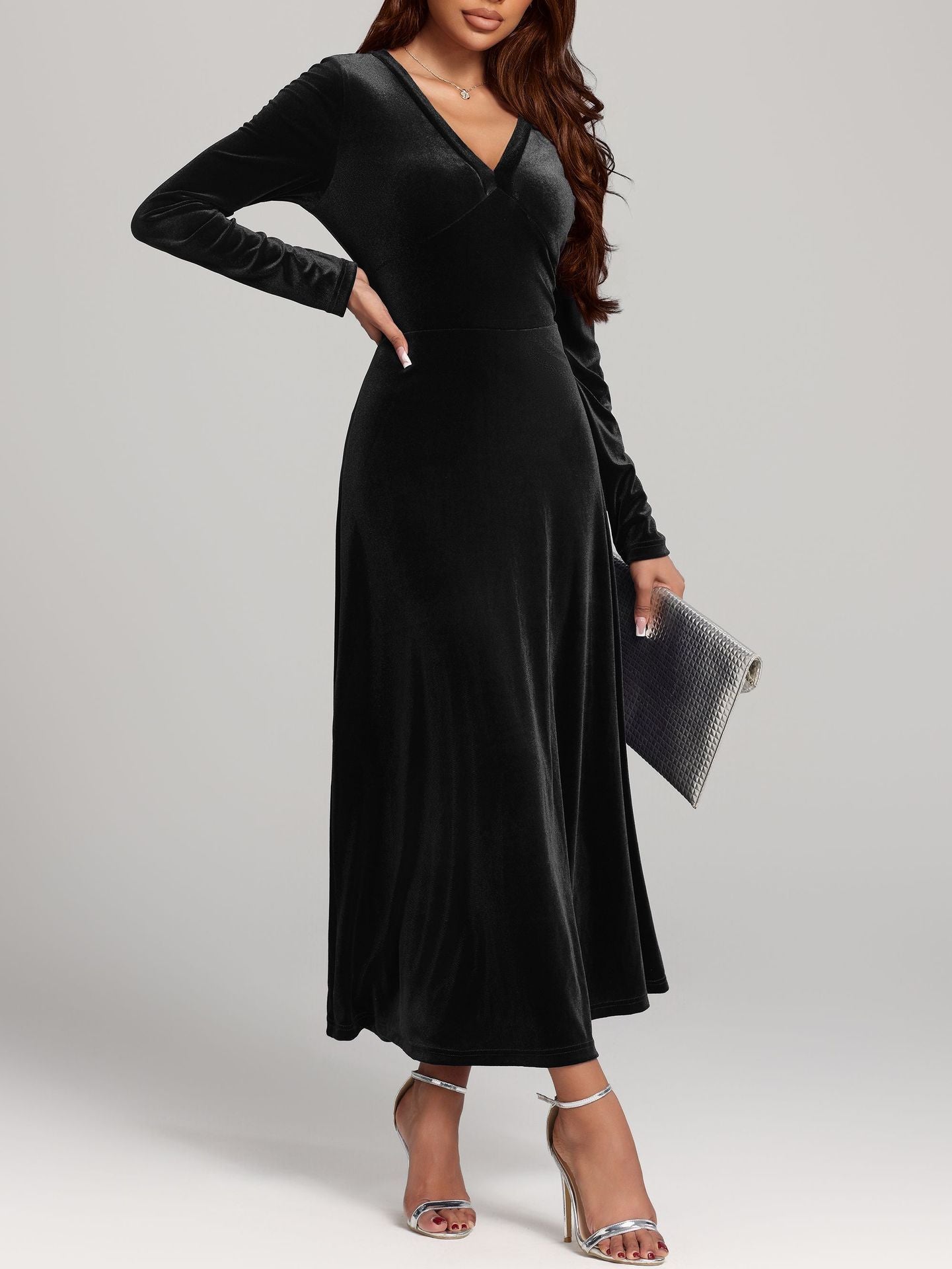 Elegant V-neck Long Sleeved Gold Velvet Evening Dress Women's Clothing - Fashionable And Comfortable Autumn And Winter Party Dress