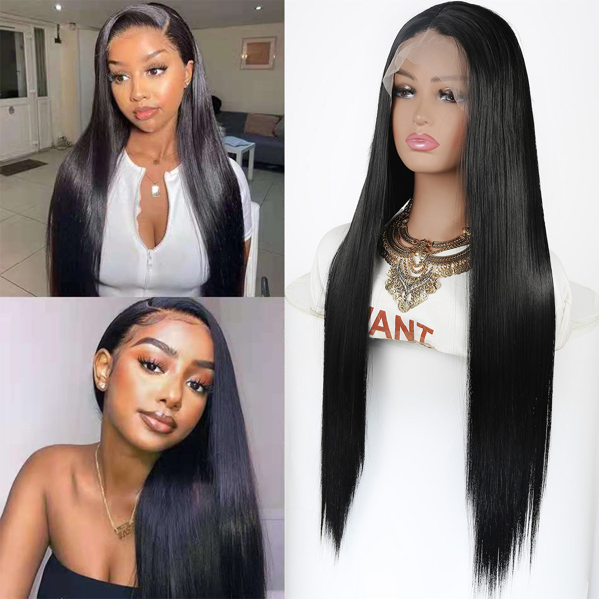 Mid-length Straight Hair Hand-woven Front Lace Synthetic Wigs