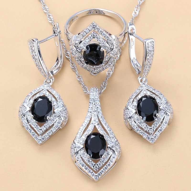 Gem-inlaid Pendant Earrings Necklace Ring Ladies Three-piece Set