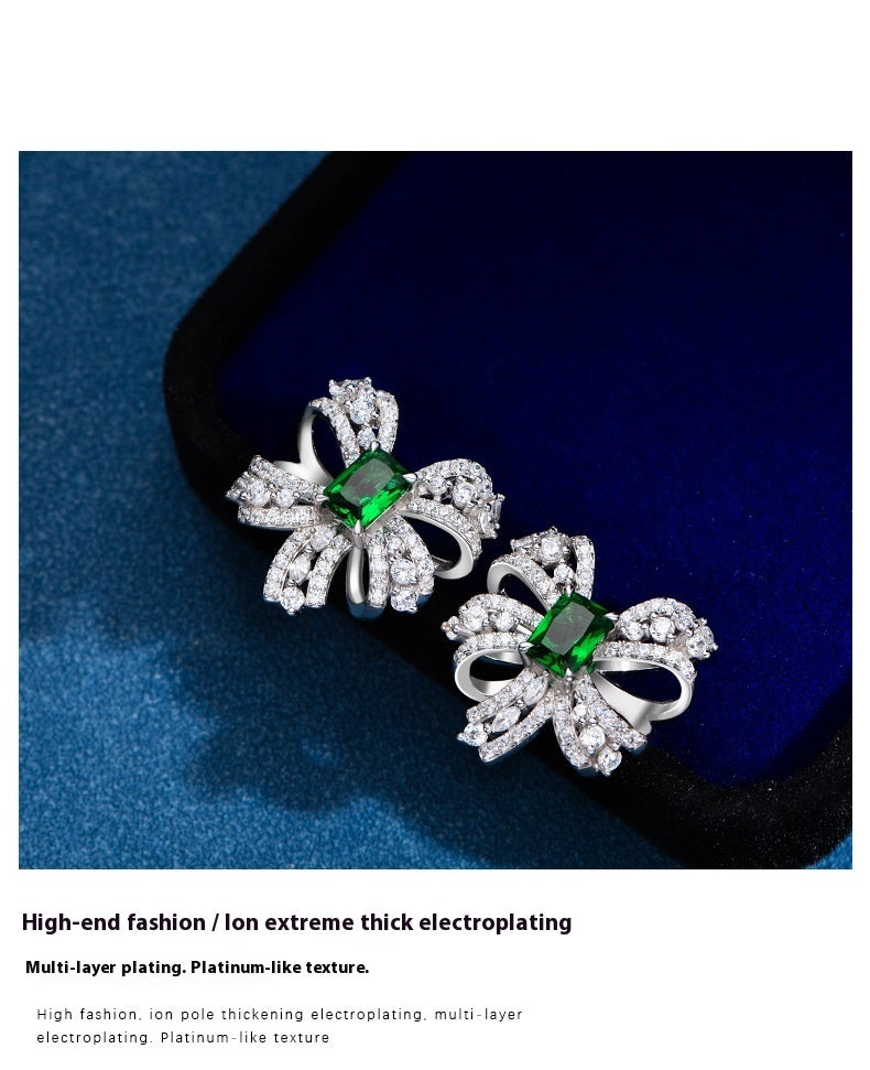 Sterling Silver High-grade Emerald Bow Stud Earrings Women