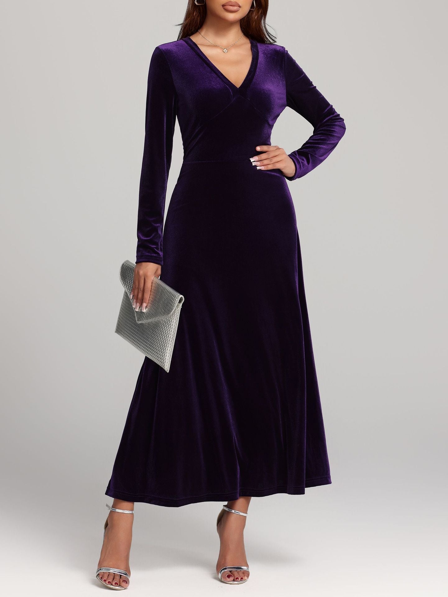 Elegant V-neck Long Sleeved Gold Velvet Evening Dress Women's Clothing - Fashionable And Comfortable Autumn And Winter Party Dress