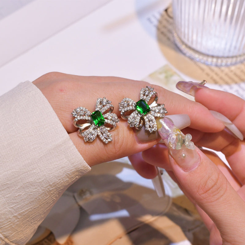 Sterling Silver High-grade Emerald Bow Stud Earrings Women